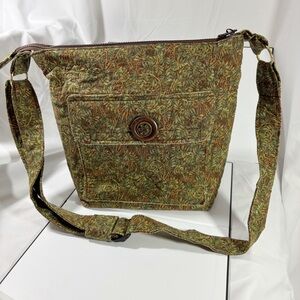 Lamar Bags by Lauren Fabric heart Charm Zippers  green/brown Leaf Pattern